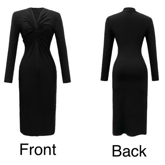 ZY·HT Dresses & Skirts - ZY·HT Long-Sleeve V-Neck Plain Twist Midi Bodycon Dress in Black Size: XL NWT
